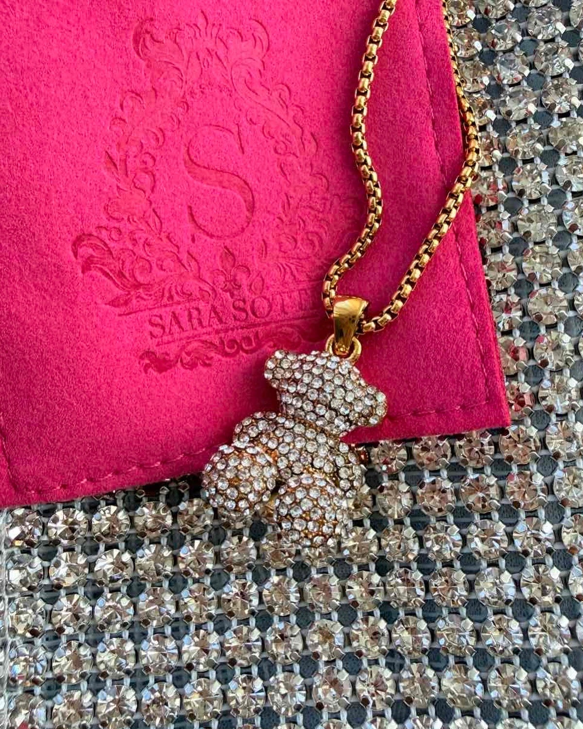 Sara Sotti 'Lucky Teddy Bear' 18k Gold Plated Stainless steel Necklace Bedazzled in Crystals