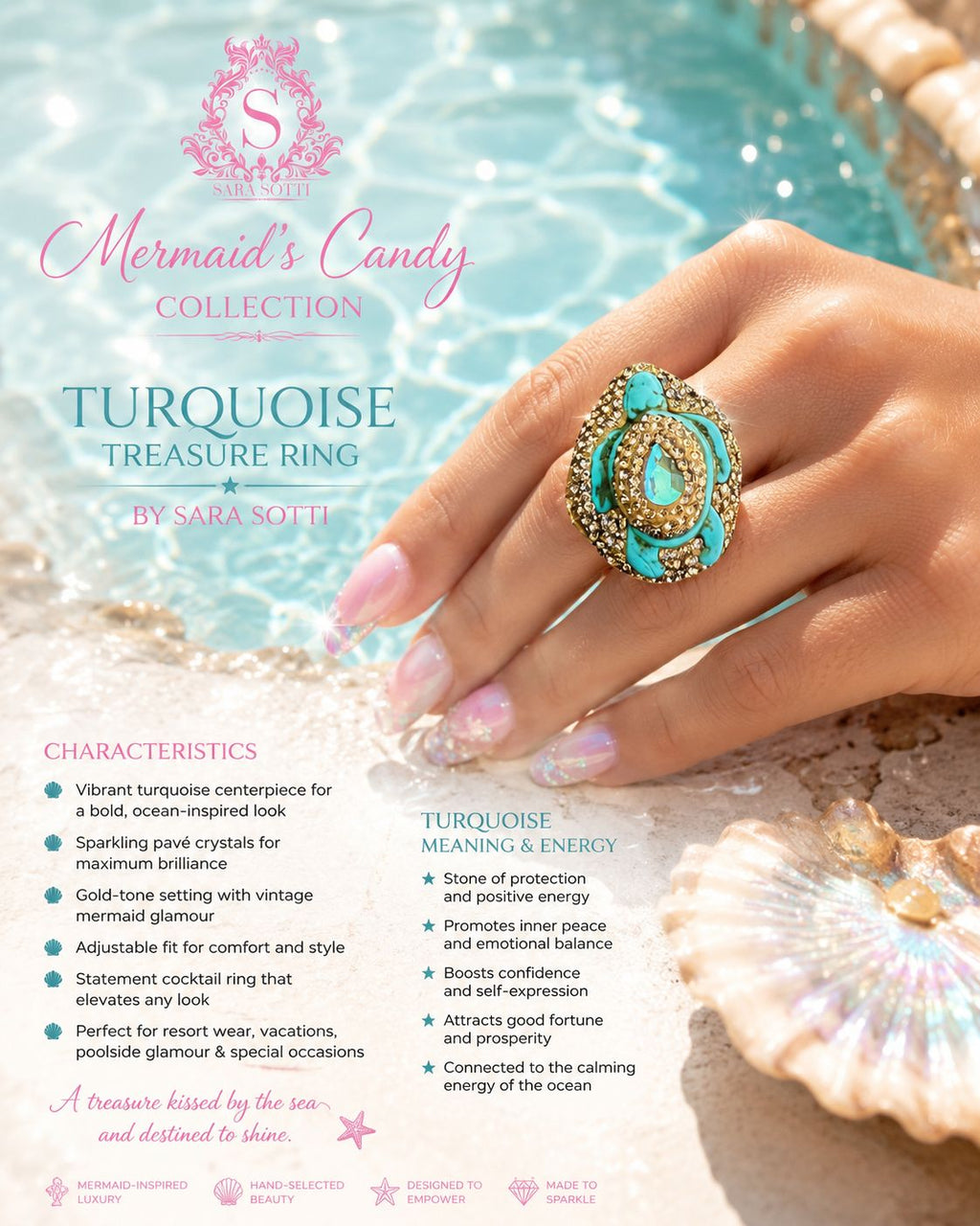 ‘Mermaid’s Candy’ Natural Turquoise Sea Turtle AdjustableRing