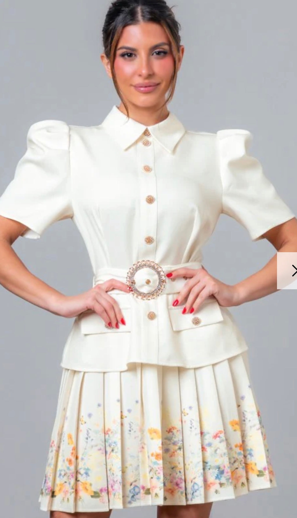 'French Gardens' Ivory Floral Belter Dress With Puff Sleeves