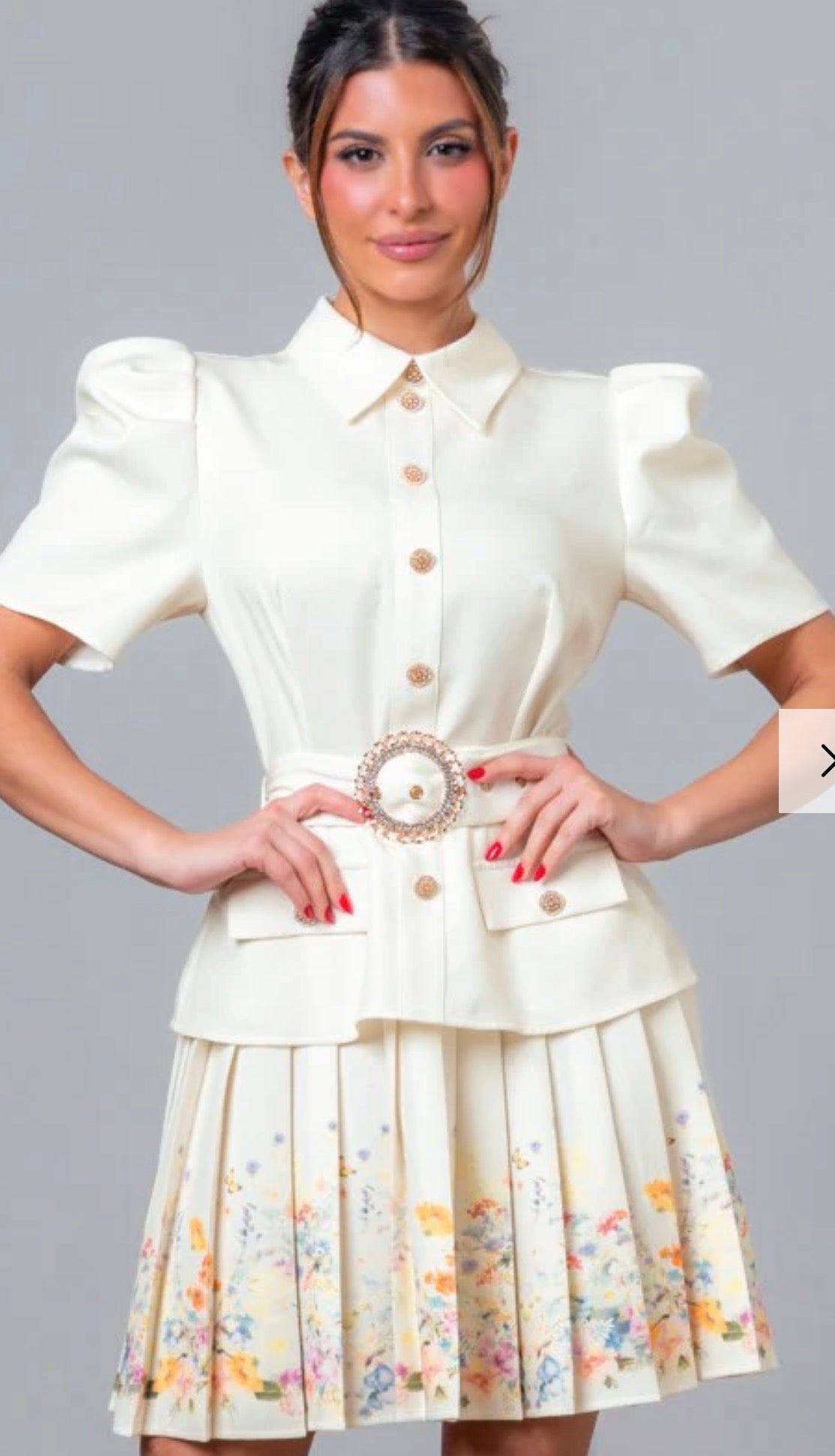 'French Gardens' Ivory Floral Belter Dress With Puff Sleeves