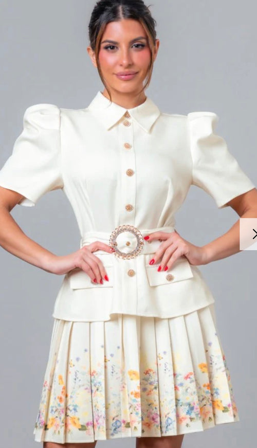 'French Gardens' Ivory Floral Belter Dress With Puff Sleeves